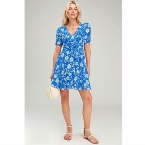 Lulus Ximena Blue Floral Print Ruffled Mini Dress